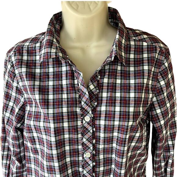 Eddie Bauer Long Sleeve Plaid Button Down Shirt Ruffle Front 100% Cotton Women M - Picture 1 of 11